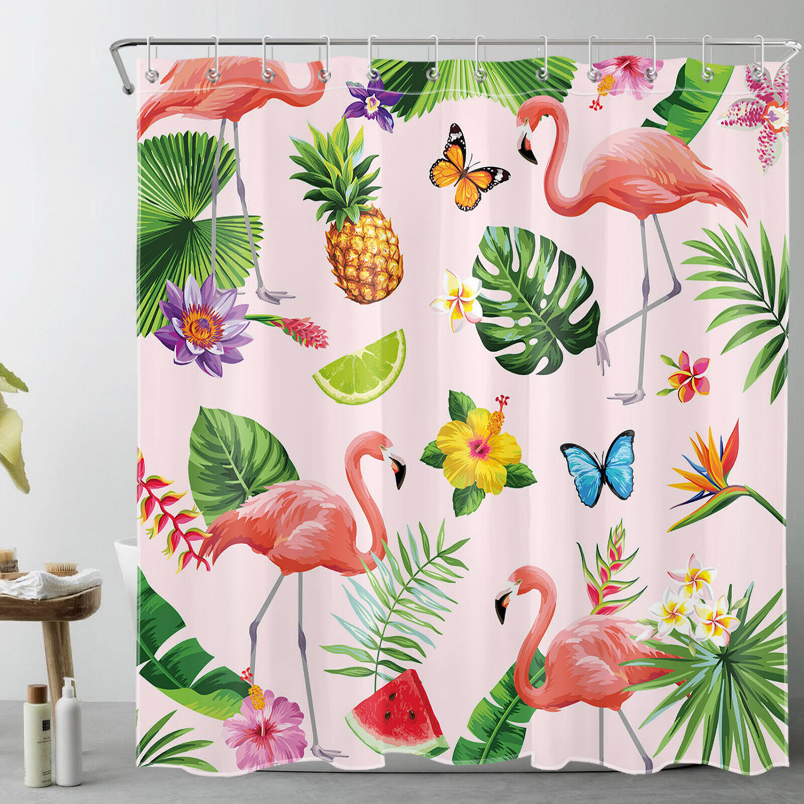 Colorful Butterfly Tropical Plant Flamingo Shower Curtain For Bathroom Decor - Image 2