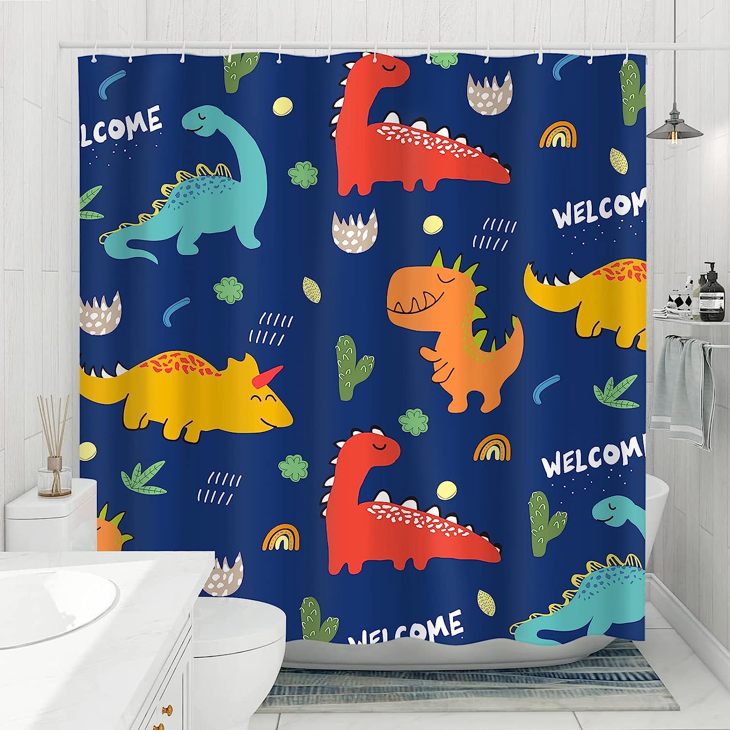 Colorful Cartoon Dinosaur Printed Shower Curtain For Kids Bathroom Decor Fabric
