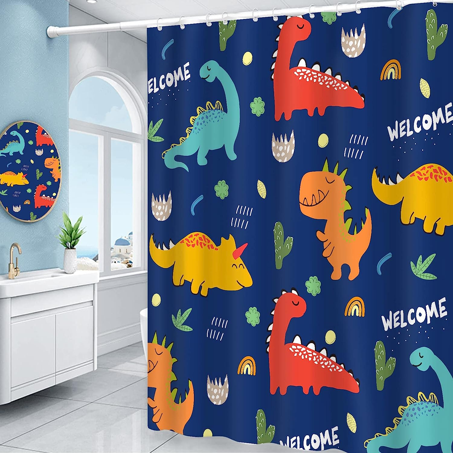 Colorful Cartoon Dinosaur Printed Shower Curtain For Kids Bathroom Decor Fabric