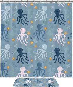 Colorful Cartoon Octopus Starfish Waterproof Shower Curtain For Beach Themed Bathroom Decor