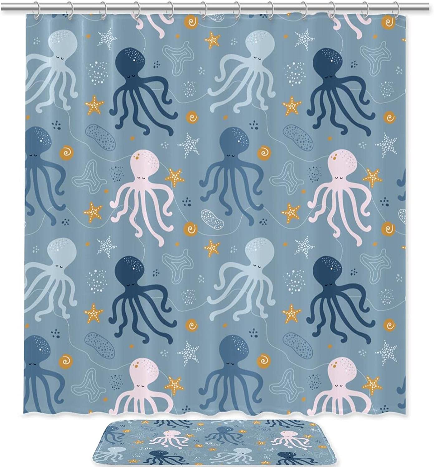 Colorful Cartoon Octopus Starfish Waterproof Shower Curtain For Beach Themed Bathroom Decor