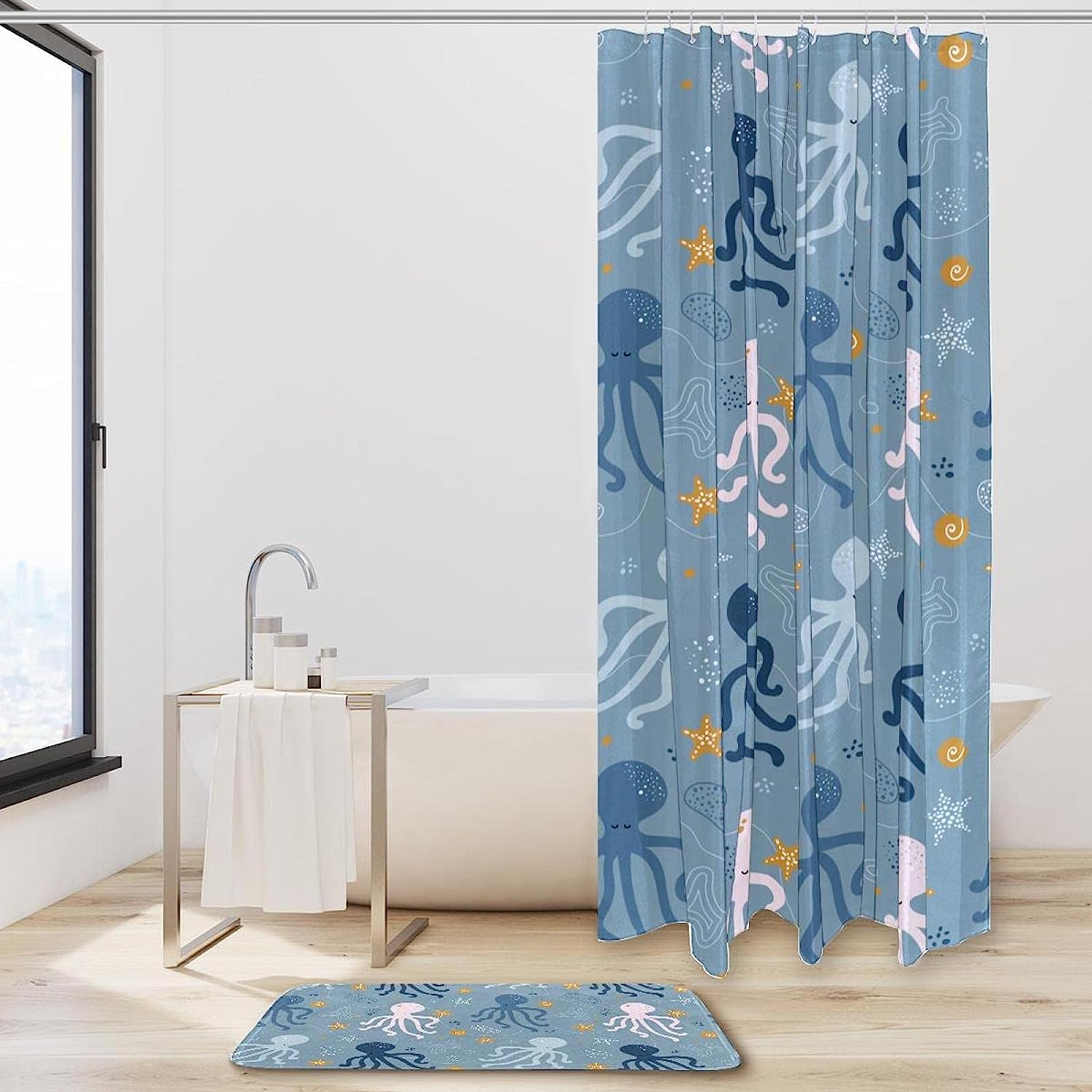 Colorful Cartoon Octopus Starfish Waterproof Shower Curtain For Beach Themed Bathroom Decor - Image 2