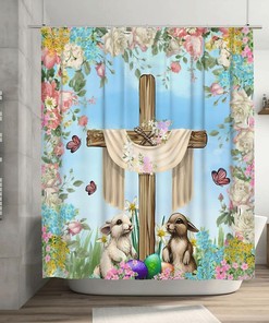 Colorful Cartoon Rabbit Shower Curtain with Butterfly Design