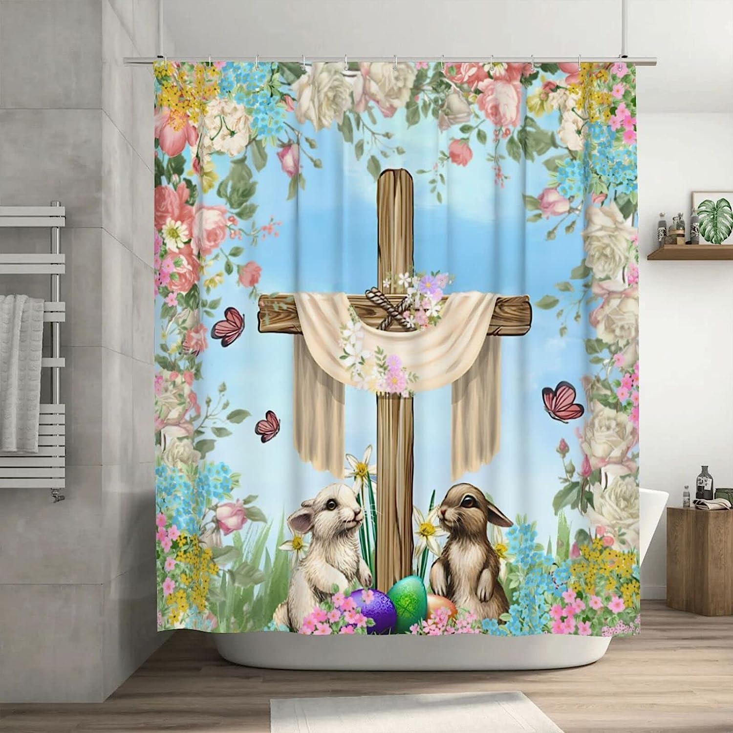 Colorful Cartoon Rabbit Shower Curtain with Butterfly Design