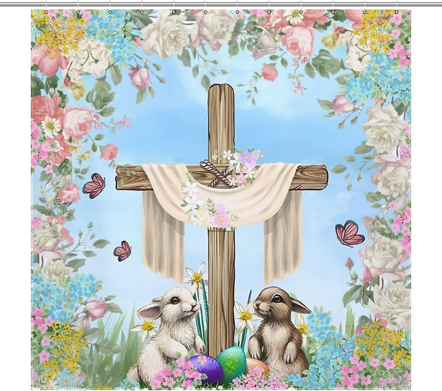 Colorful Cartoon Rabbit Shower Curtain with Butterfly Design