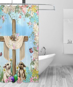 Colorful Cartoon Rabbit Shower Curtain with Butterfly Design