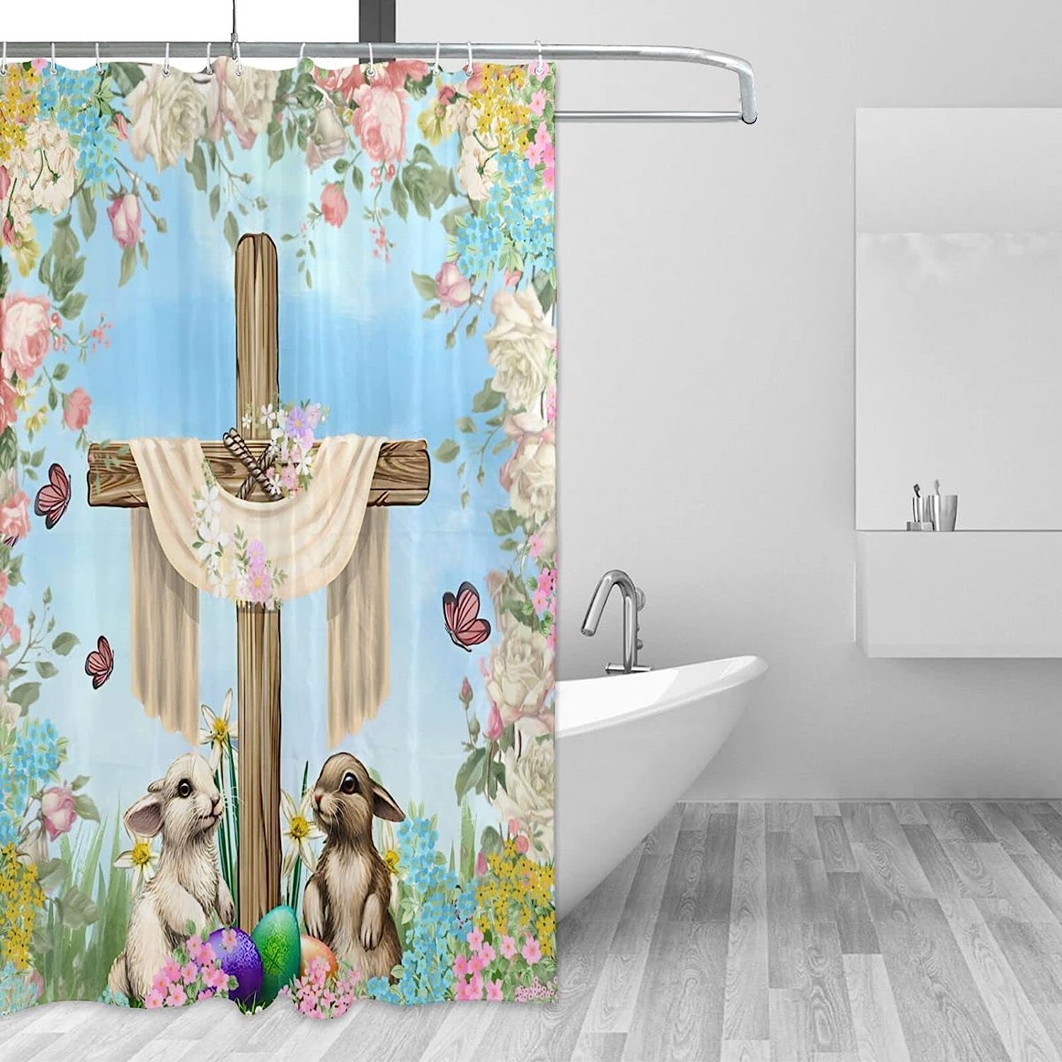 Colorful Cartoon Rabbit Shower Curtain with Butterfly Design