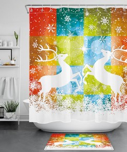 Colorful Checkered Elk Snowflake Shower Curtain For A Cozy Winter Bathroom
