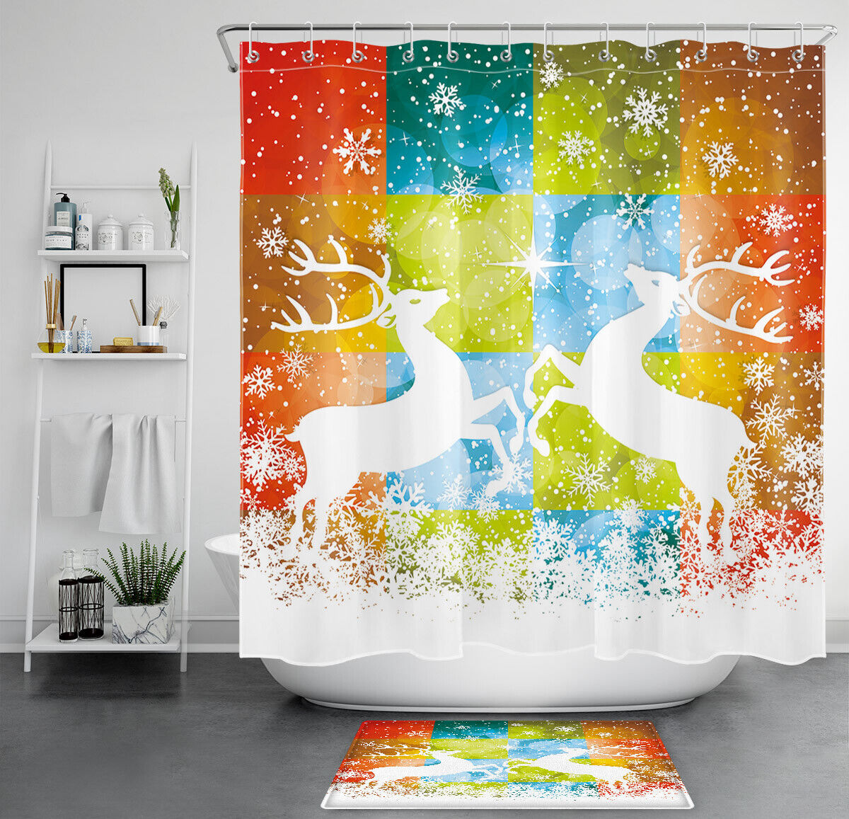 Colorful Checkered Elk Snowflake Shower Curtain For A Cozy Winter Bathroom