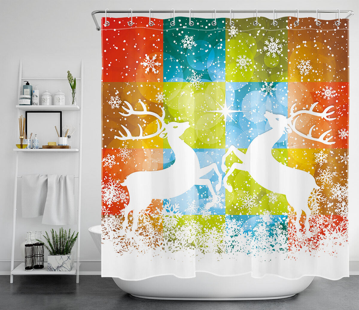 Colorful Checkered Elk Snowflake Shower Curtain For A Cozy Winter Bathroom - Image 2