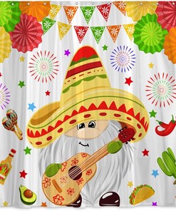 Colorful Cinco De Mayo Shower Curtain - Fiesta Holiday Carnival Flags, Floral and Cactus Taco Design