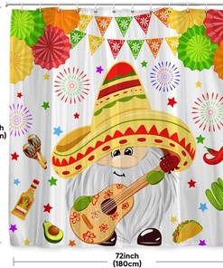Colorful Cinco De Mayo Shower Curtain - Fiesta Holiday Carnival Flags, Floral and Cactus Taco Design