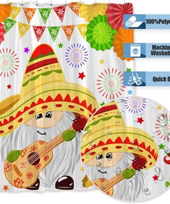 Colorful Cinco De Mayo Shower Curtain - Fiesta Holiday Carnival Flags, Floral and Cactus Taco Design