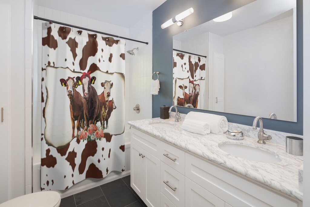 Colorful Cow And Flower Print Shower Curtain Cover - Image 2
