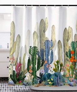 Colorful Creative Patterns Shower Curtain, Tropical Plants and Succulent Flowers, Waterproof Fabric for Bathroom Decor