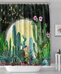 Colorful Creative Patterns Shower Curtain, Tropical Plants and Succulent Flowers, Waterproof Fabric for Bathroom Decor