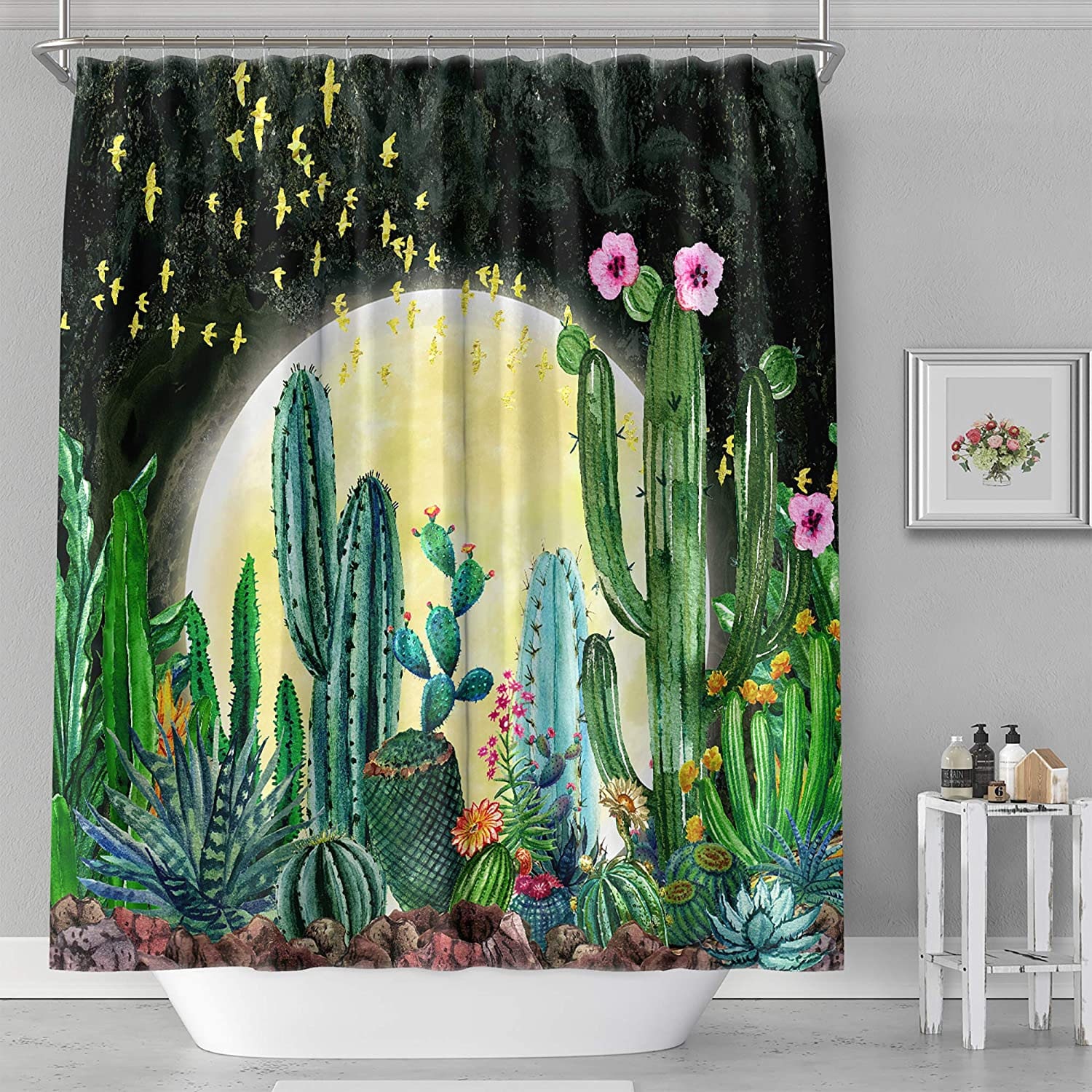 Colorful Creative Patterns Shower Curtain, Tropical Plants and Succulent Flowers, Waterproof Fabric for Bathroom Decor