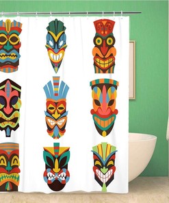 Colorful Cut Wooden Guise Flat Shower Curtain With Hawaiian Tribal Tiki Mask