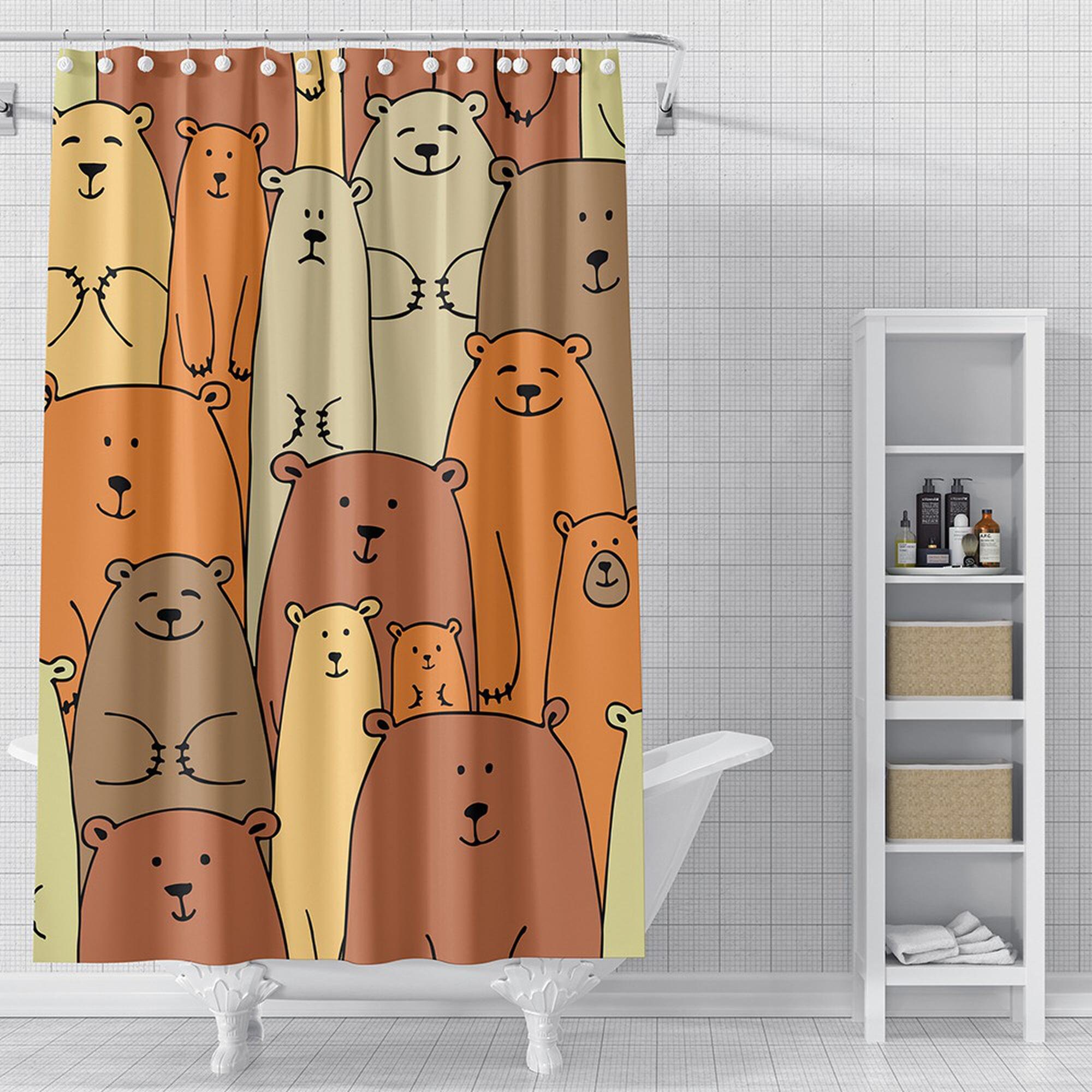 Colorful Cute Brown Bear Shower Curtain For Kids Waterproof Bath Curtain