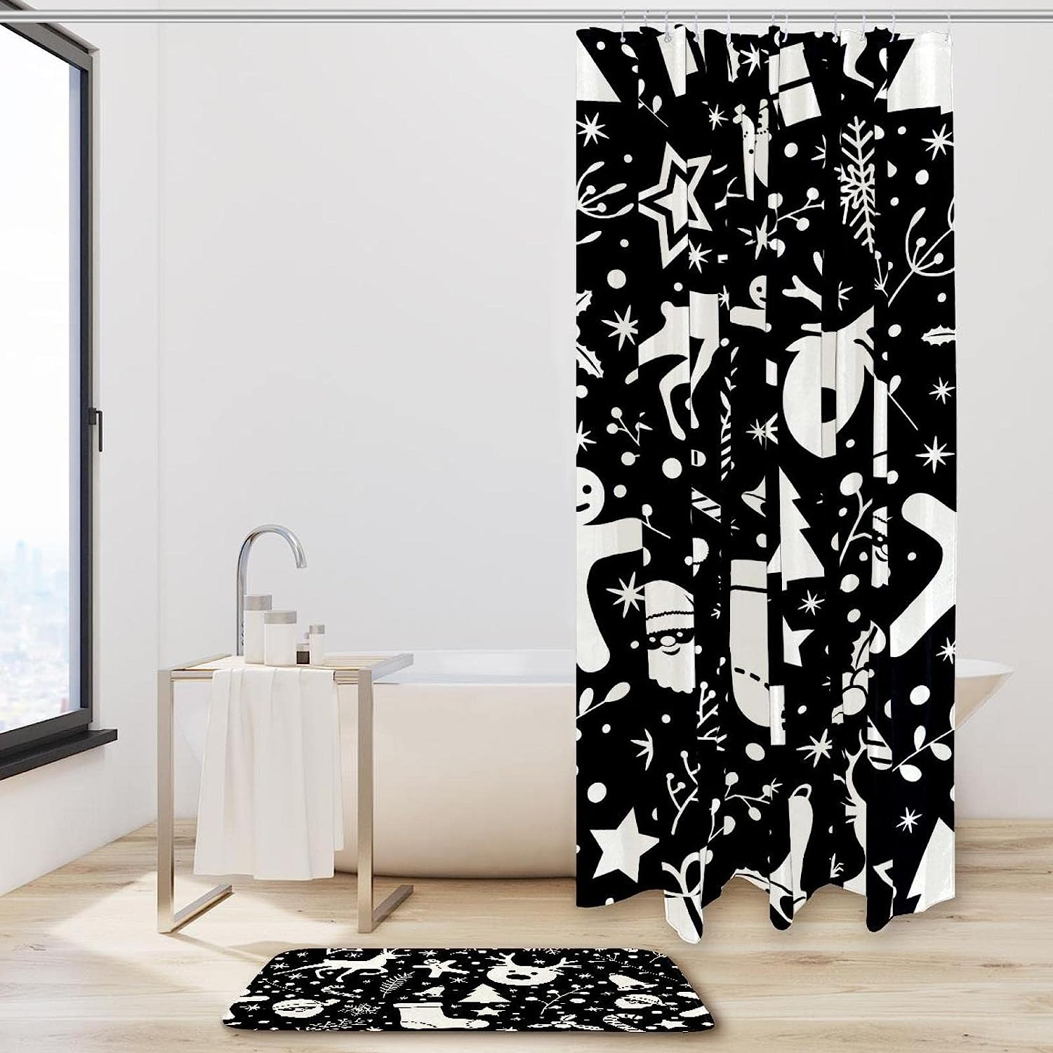 Colorful Deer and Snowflakes Merry Christmas Shower Curtain for Bathroom Decor