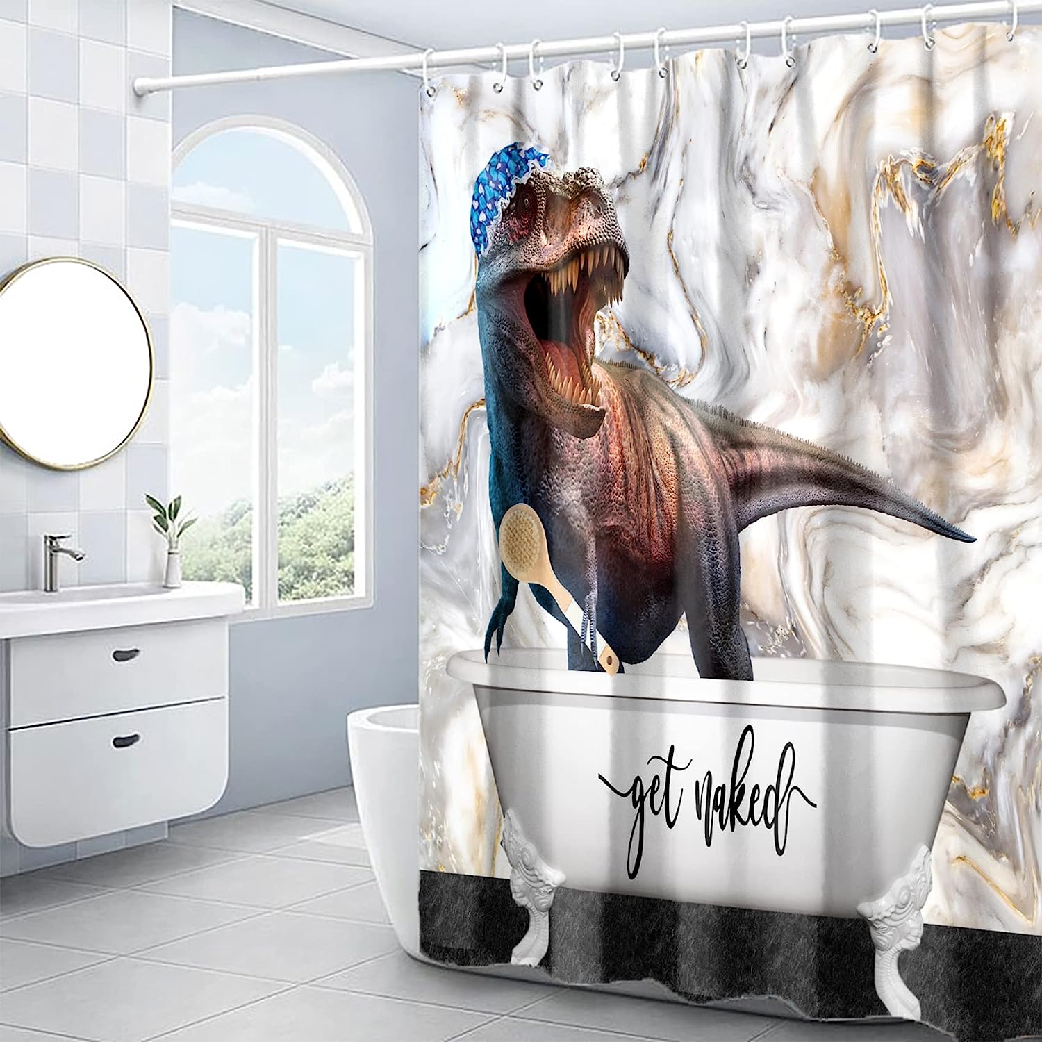 Colorful Dino Monster Shower Stall Curtain For Children'S Bathroom