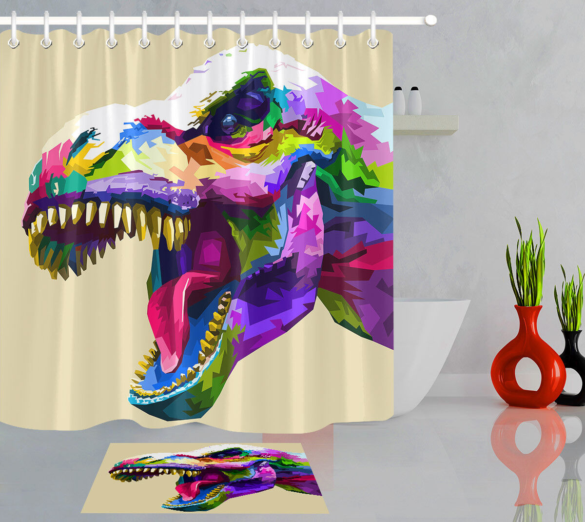 Colorful Dinosaur Head Pattern Fabric Shower Curtain For Bathroom