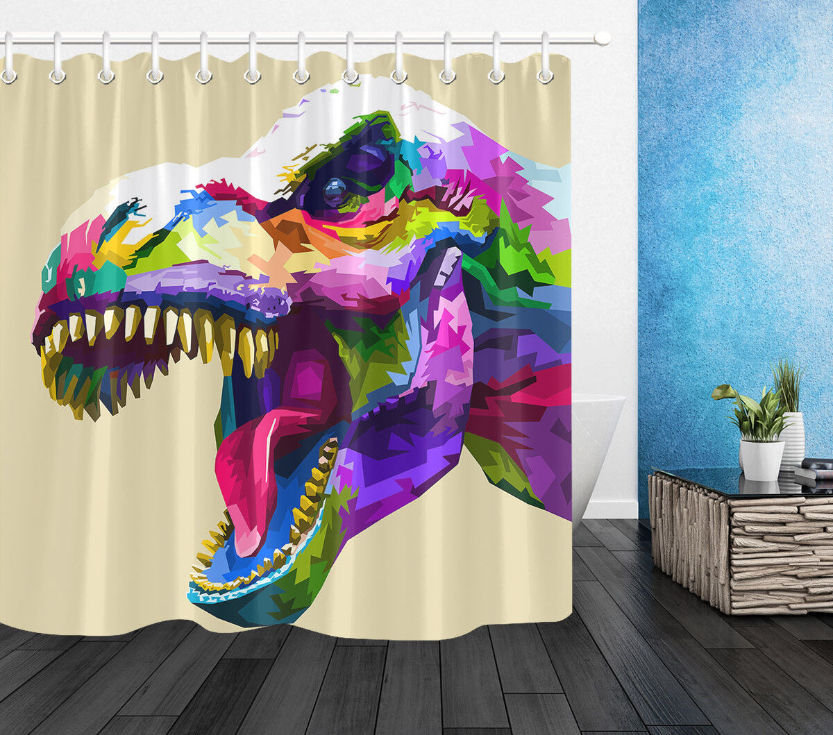 Colorful Dinosaur Head Pattern Fabric Shower Curtain For Bathroom - Image 2