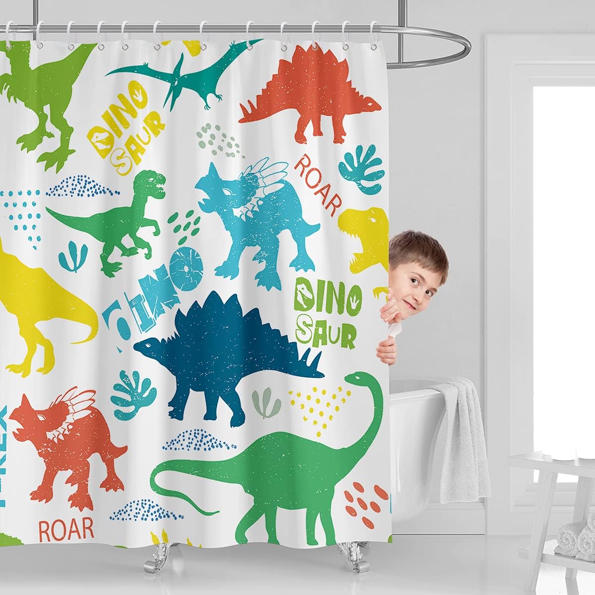Colorful Dinosaur Print Waterproof Shower Curtain for Kids Bathroom