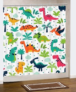 Colorful Dinosaur Theme Shower Curtain For Fun And Playful Master, Guest, Kids, Boys, College Dorm Bathroom Decor