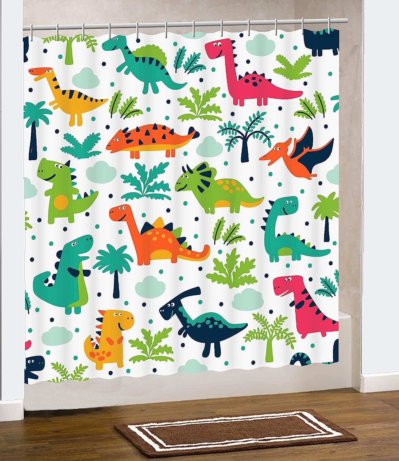 Colorful Dinosaur Theme Shower Curtain For Fun And Playful Master, Guest, Kids, Boys, College Dorm Bathroom Decor