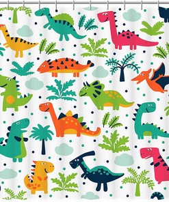 Colorful Dinosaur Theme Shower Curtain For Fun And Playful Master, Guest, Kids, Boys, College Dorm Bathroom Decor