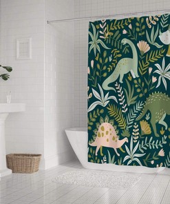 Colorful Dinosaurs and Leaves Printed Waterproof Fabric Shower Curtain for Kids Bathroom Decor