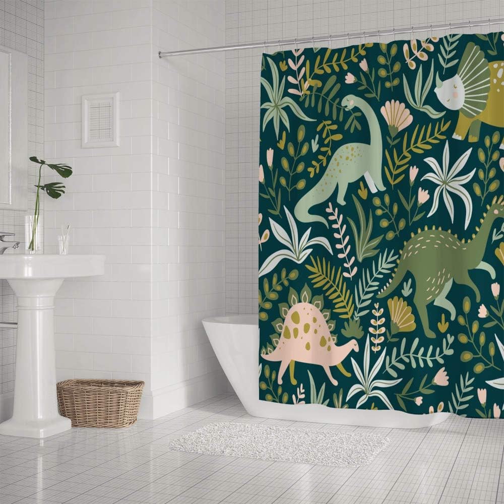 Colorful Dinosaurs and Leaves Printed Waterproof Fabric Shower Curtain for Kids Bathroom Decor
