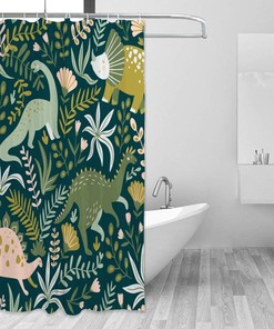 Colorful Dinosaurs and Leaves Printed Waterproof Fabric Shower Curtain for Kids Bathroom Decor