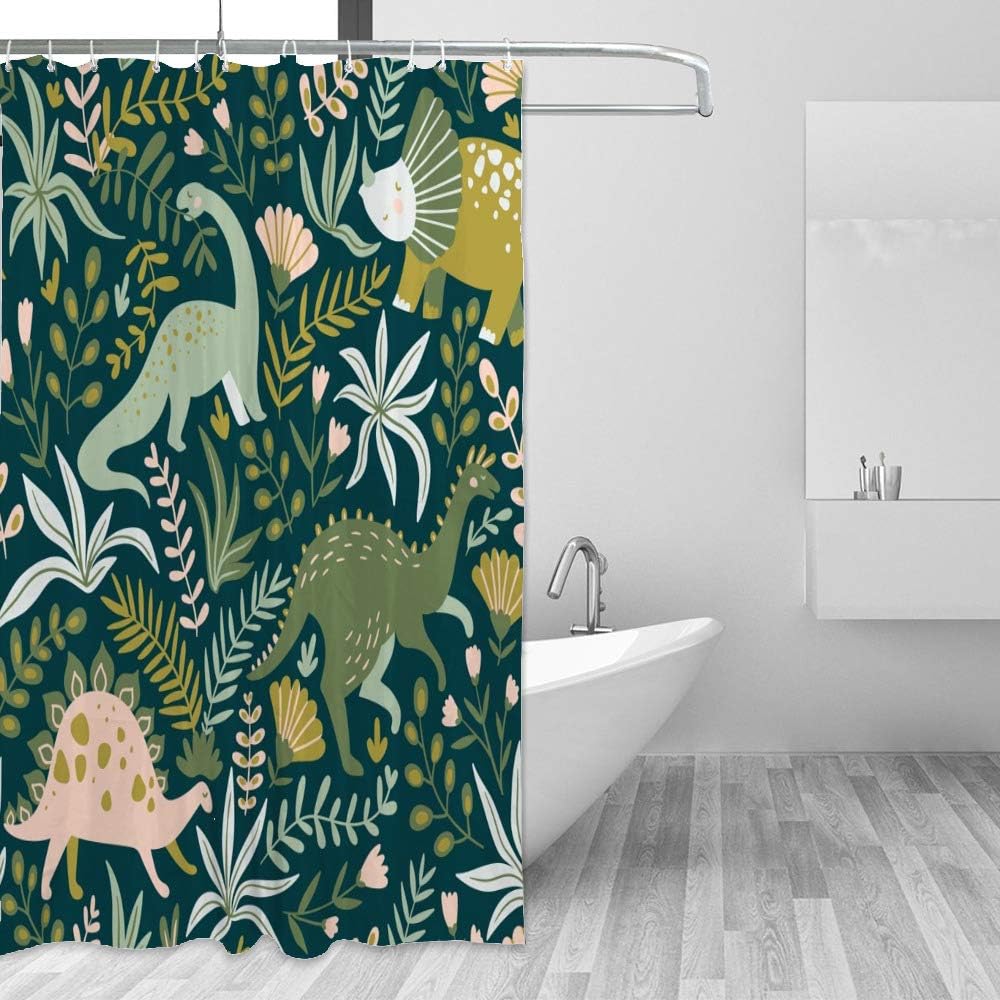 Colorful Dinosaurs and Leaves Printed Waterproof Fabric Shower Curtain for Kids Bathroom Decor
