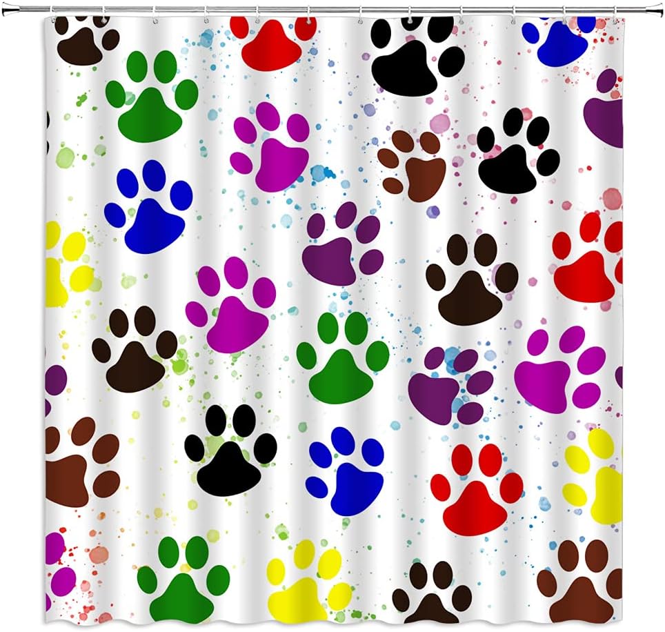 Colorful Dog Pawprint Shower Curtain With Graffiti Pattern - Modern Bathroom Decor