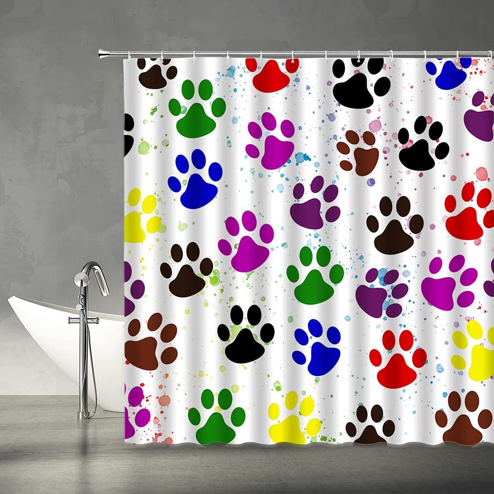 Colorful Dog Pawprint Shower Curtain With Graffiti Pattern - Modern Bathroom Decor - Image 2