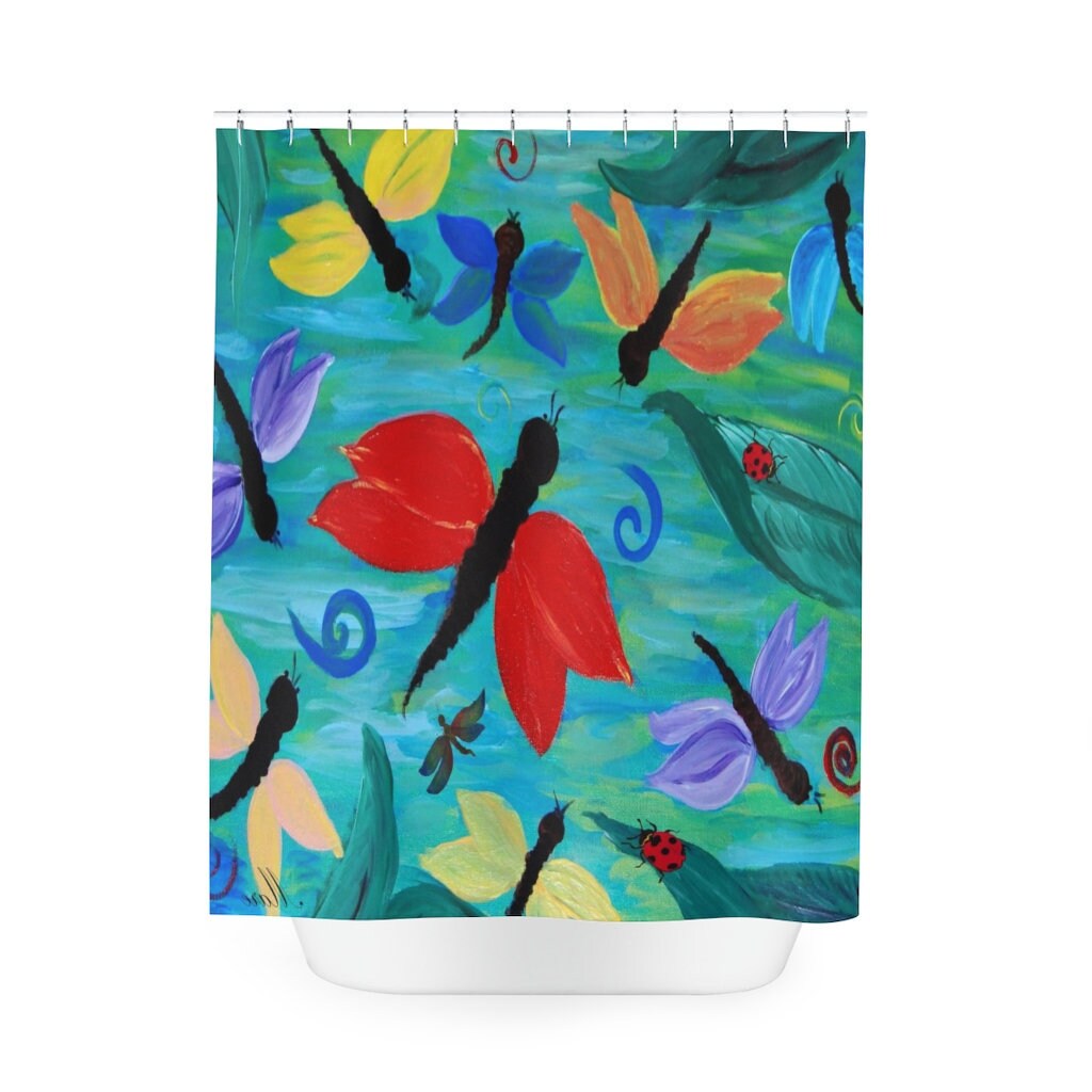 Colorful Dragonflies Printed Shower Curtain For Beach Themed Bathroom Decor