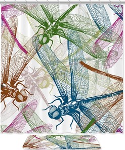 Colorful Dragonflies Waterproof Fabric Bathroom Curtain For Nature Inspired Bathroom