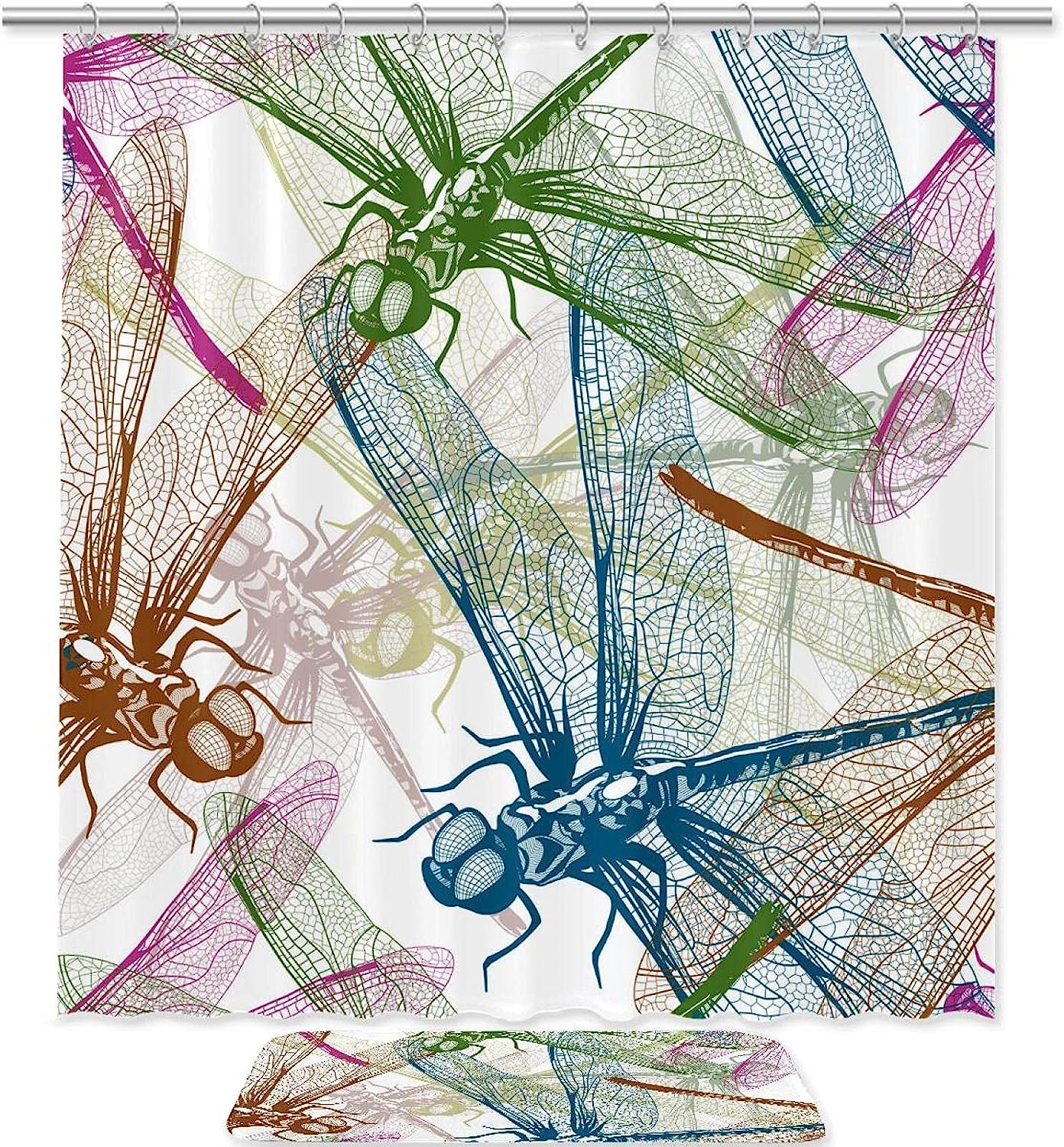 Colorful Dragonflies Waterproof Fabric Bathroom Curtain For Nature Inspired Bathroom