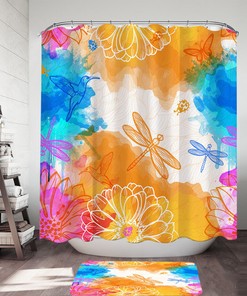 Colorful Dragonflies and Hummingbirds Orange Blue Print Fabric Shower Curtain