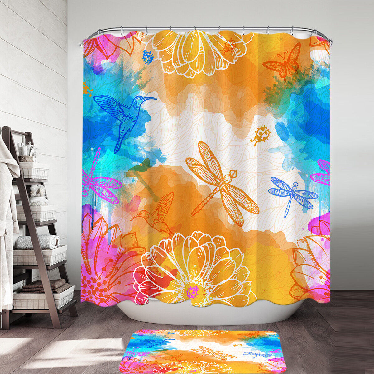 Colorful Dragonflies and Hummingbirds Orange Blue Print Fabric Shower Curtain