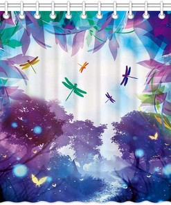 Colorful Dragonflies in Fantasy Forest Shower Curtain with 3D Printing for Nature Bathroom 