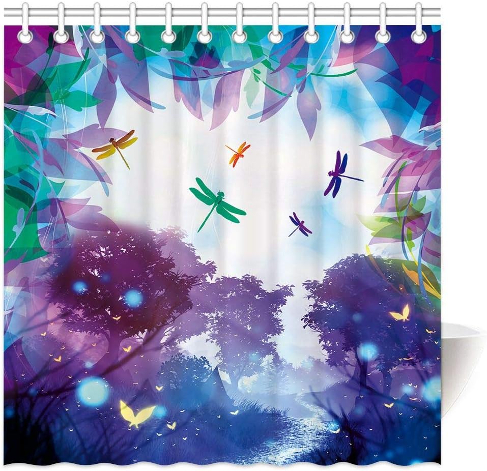 Colorful Dragonflies in Fantasy Forest Shower Curtain with 3D Printing for Nature Bathroom
