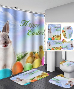 Colorful Easter Bunny Shower Curtain With Balloon On A Purple Sky For Easter Celebrations