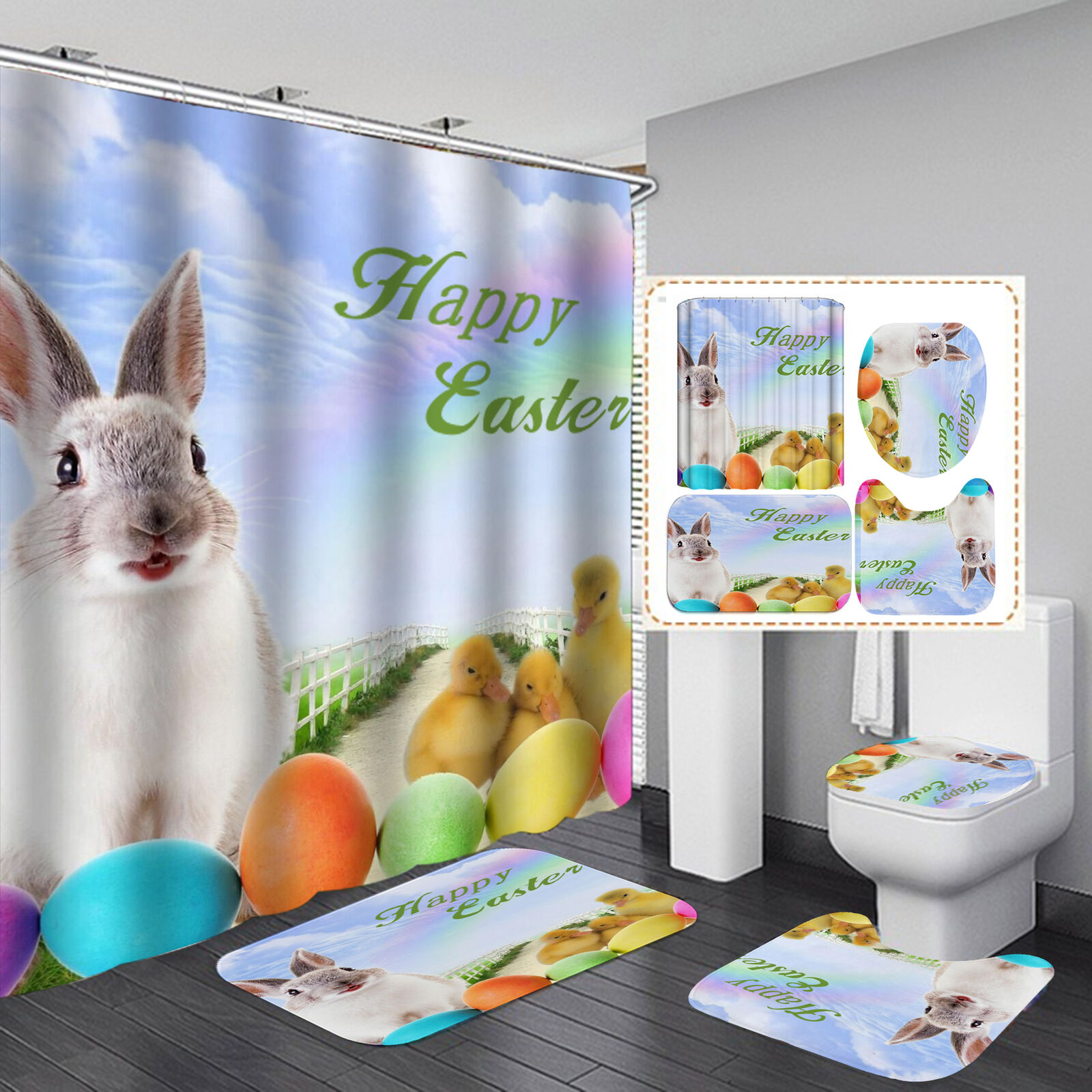 Colorful Easter Bunny Shower Curtain With Balloon On A Purple Sky For Easter Celebrations