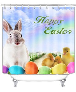 Colorful Easter Bunny Shower Curtain With Balloon On A Purple Sky For Easter Celebrations
