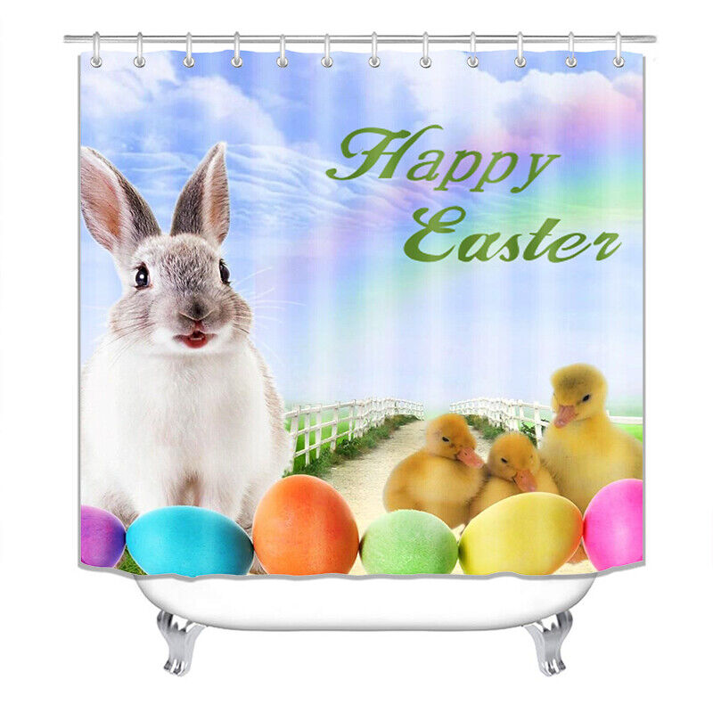 Colorful Easter Bunny Shower Curtain With Balloon On A Purple Sky For Easter Celebrations