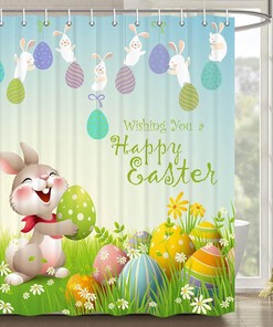 Colorful Easter Bunny Shower Curtain with Eggs and Flowers in Grass 