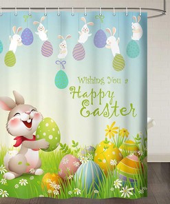 Colorful Easter Bunny Shower Curtain with Eggs and Flowers in Grass